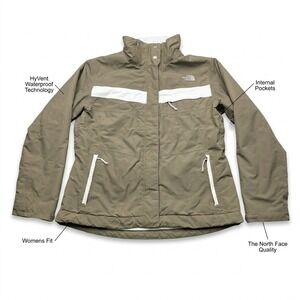 The North Face HyVent Waterproof Jacket Womens XL Olive Brown White Fleece Lined